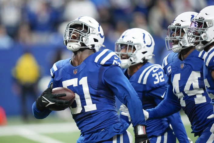 Indianapolis Colts' Kwity Paye (51) celebrates a fumble recover during the second half of an NFL football game against the Los Angeles Chargers, Monday, Dec. 26, 2022, in Indianapolis. (AP Photo/AJ Mast)