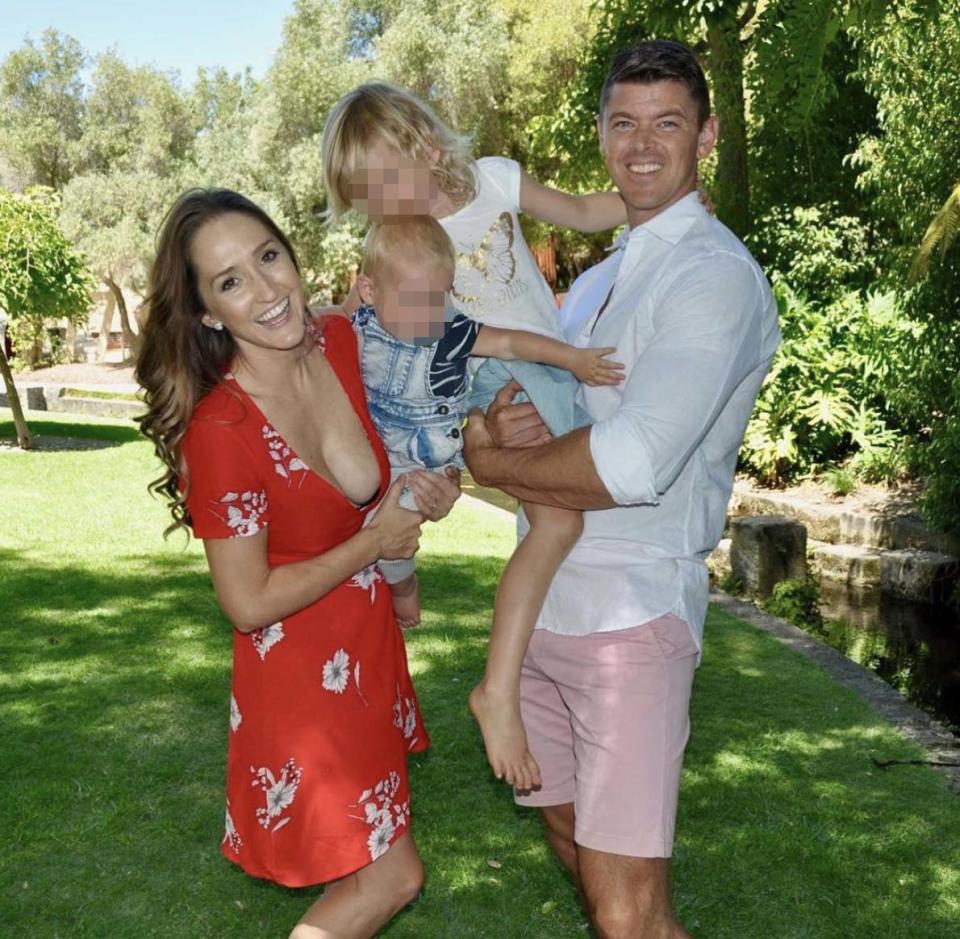 The Perth couple, pictured with their young children on a lawn, in happier times.