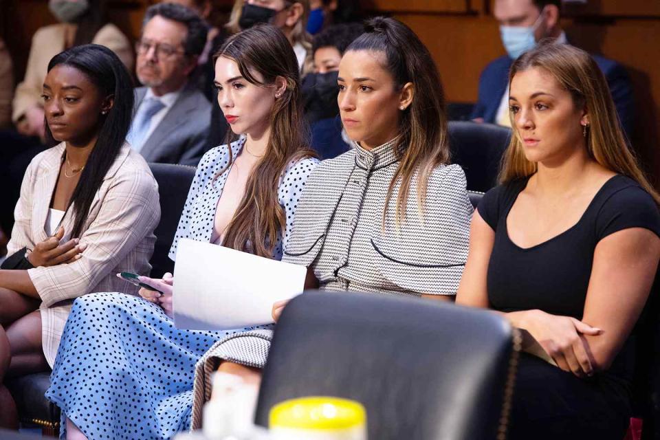 <p>Saul Loeb - Pool/Getty</p> US gymnasts (L-R) Simone Biles, McKayla Maroney, Aly Raisman and Maggie Nichols arrive to testify during a Senate Judiciary hearing about the Inspector General