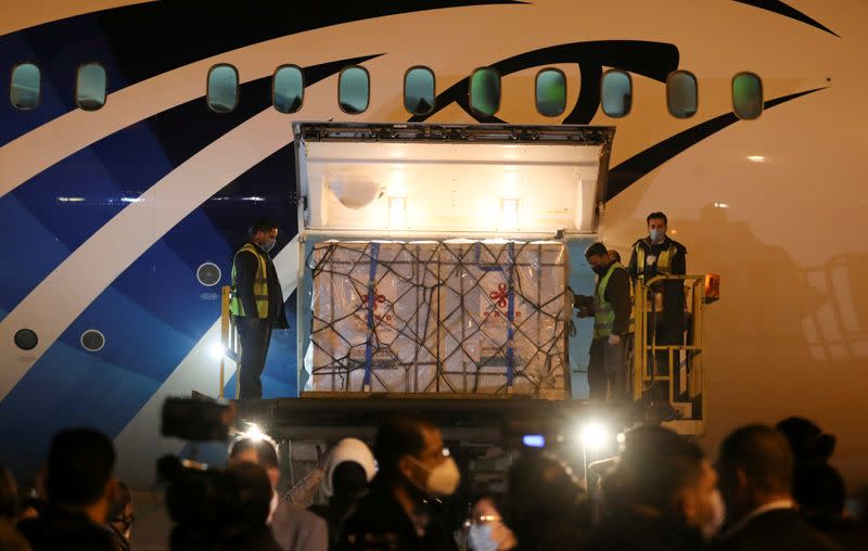 FILE PHOTO: Workers offload pallets containing coronavirus disease (COVID-19) vaccine "Sinopharm" doses as they arrive from China at Cairo International Airport amid the coronavirus disease (COVID-19) pandemic in Cairo