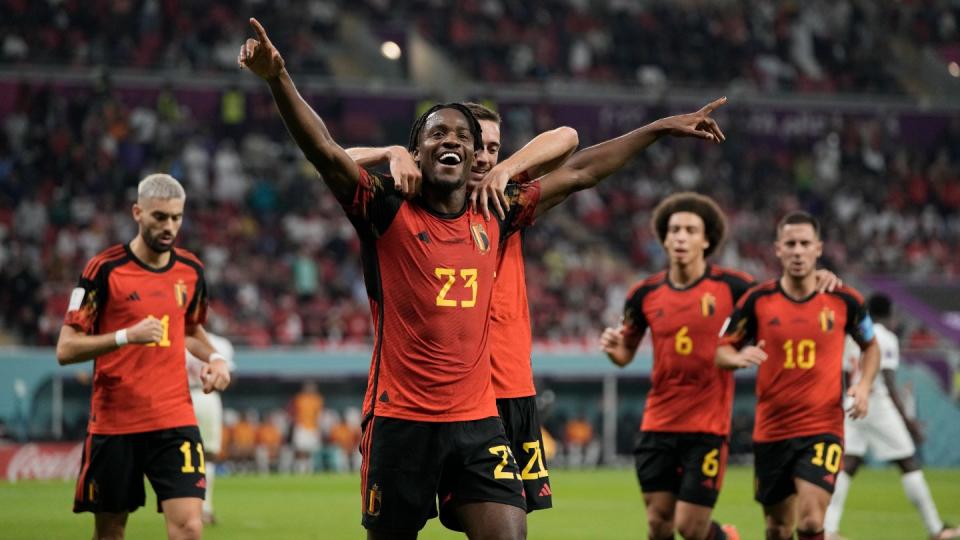 Belgium's Michy Batshuayi celebrates after scoring a goal during the World Cup group F football match between Belgium and Canada, at the Ahmad Bin Ali Stadium in Doha, Qatar, Wednesday, Nov. 23, 2022. (AP Photo/Hassan Ammar)