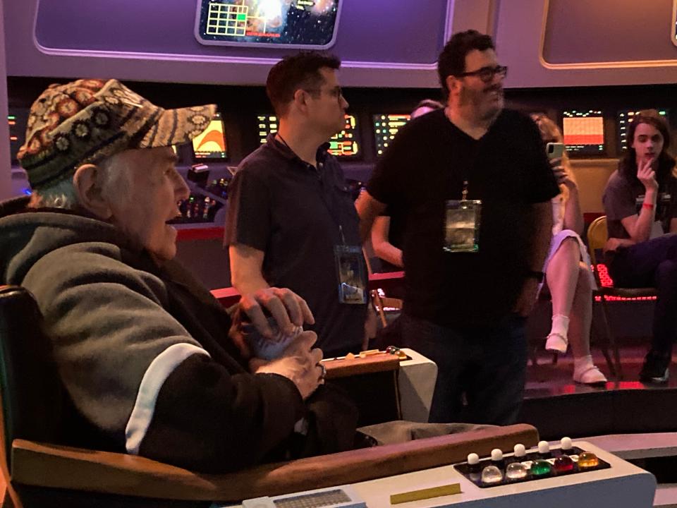 Walter Koenig, who portrayed Chekov on the original "Star Trek" series, sits in the captain's chair on the bridge May 18, 2024 during the "Trekonderoga" gathering at the "Star Trek" Original Series Set Tour site in Ticonderoga, New York.