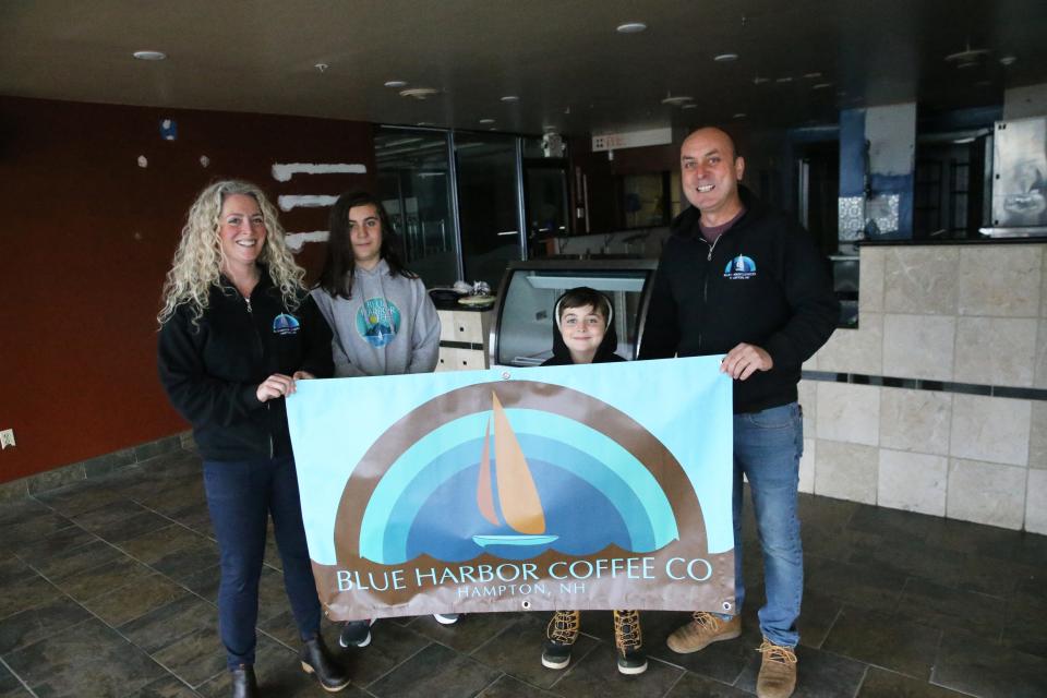 Stephanie Bergeron and Coskun Yazgan smile with their kids Didi, 11, and Baris, 8, as they prepare to launch their new cafe at Hampton Beach this spring.