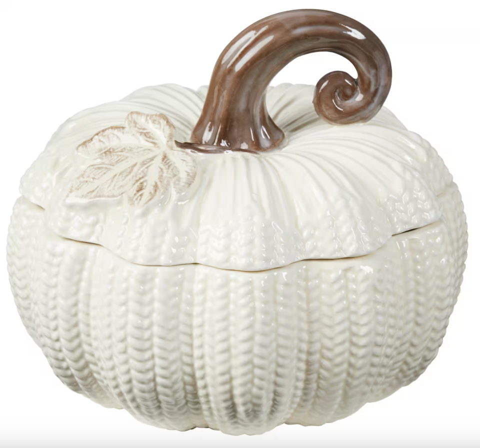 Ceramic Pumpkin Container in white with brown stem (Photo via Canadian Tire)