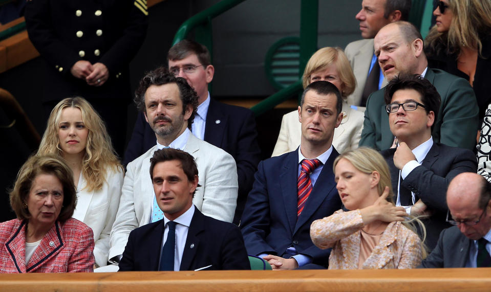 (L-R) Rachel McAdams, Michael Sheen, Paul Tonkinson and Michael McIntyre in the royal box during day twelve of the 2012 Wimbledon Championships at the All England Lawn Tennis Club, Wimbledon.