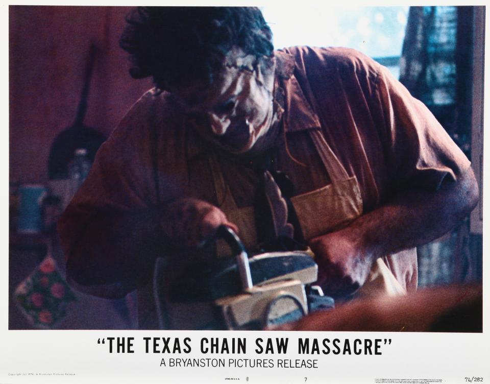 Gunnar Hansen as Leatherface in a lobby card for <em>The Texas Chain Saw Massacre</em> (1974)<span class="copyright">LMPC/Getty Images</span>