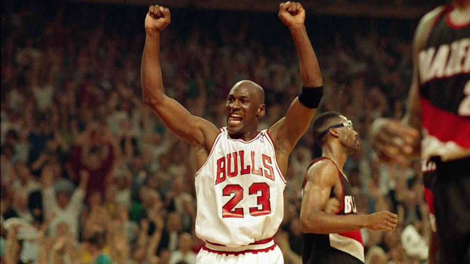 Michael Jordan of the Chicago Bulls celebrating