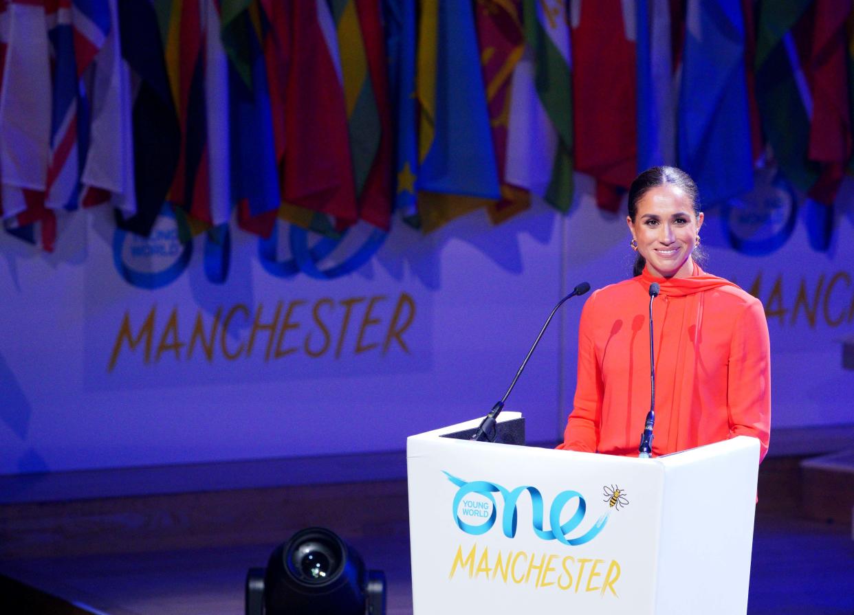 The Duchess of Sussex speaking at the One Young World 2022 Manchester Summit. (PA)