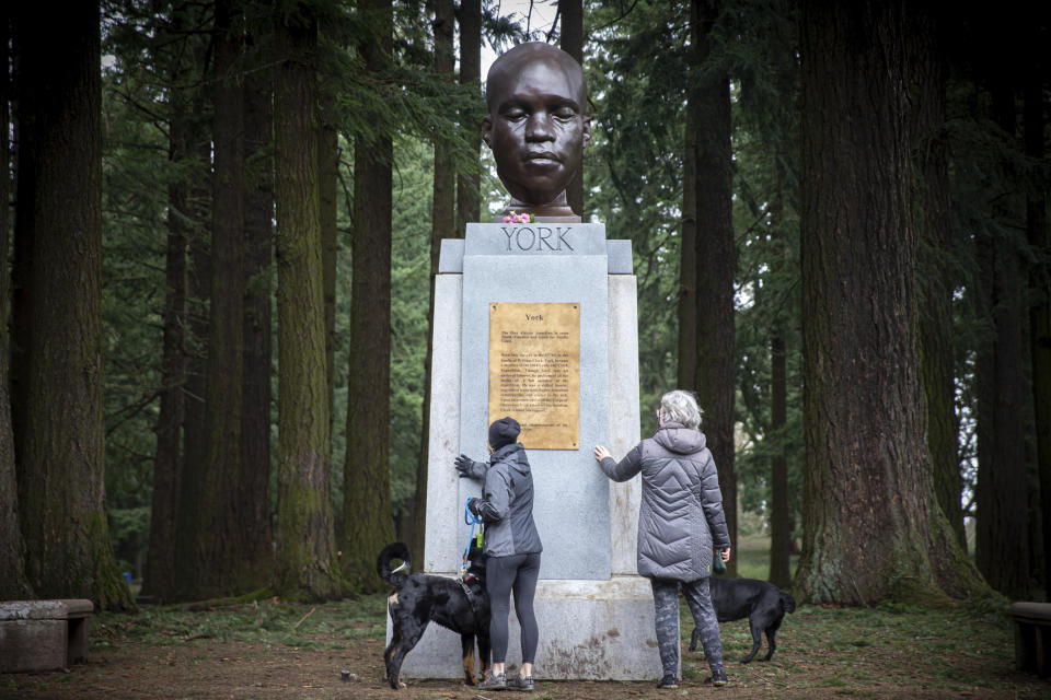 A bust of York, a member of the Lewis and Clark expedition, is seen on Mount Tabor in southeast Portland, Ore., on Sunday Feb. 21, 2021. The statue appeared the day before. (Mark Graves/The Oregonian via AP)