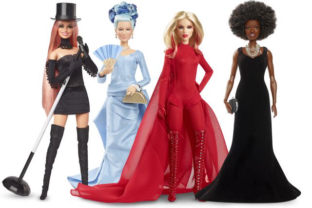 <p>Mattel Inc.</p> Shania Twain, Helen Mirren, Kylie Minogue, and Viola Davis as Barbies