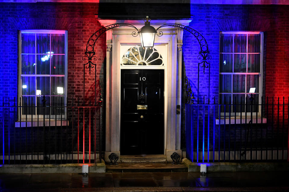 No 10 Downing street is lit up with the colours of the Union Jack