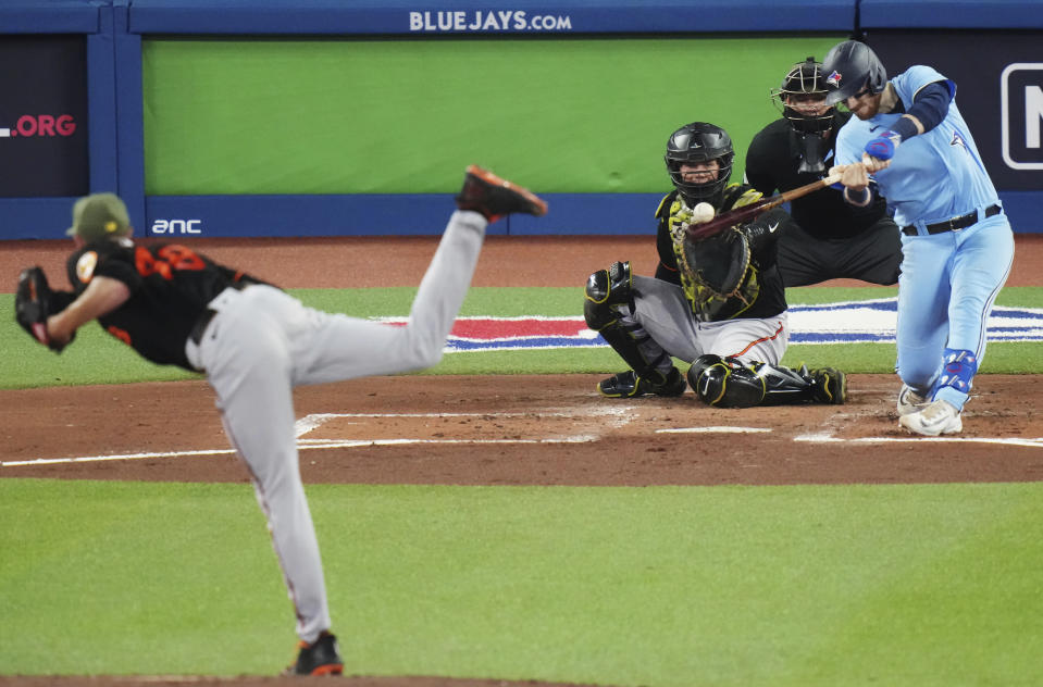 Toronto Blue Jays' Danny Jansen hits an RBI single off Baltimore Orioles starting pitcher Kyle Gibson during the second inning of a baseball game Friday, May 19, 2023, in Toronto. (Chris Young/The Canadian Press via AP)