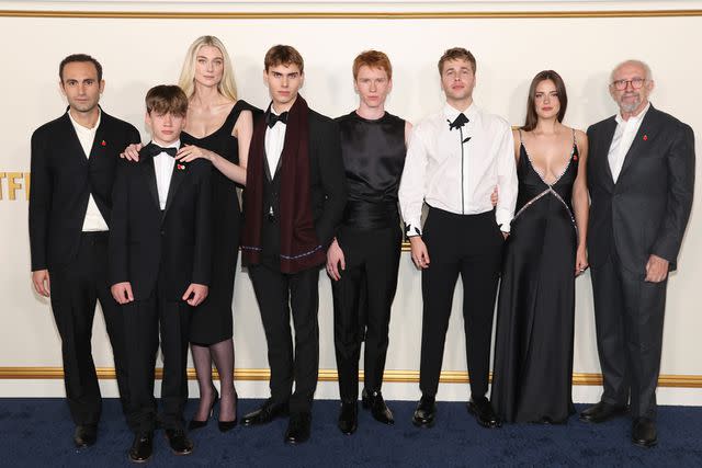 <p>Phillip Faraone/Getty Images</p> Khalid Abdalla, Fflyn Edwards, Elizabeth Debicki, Rufus Kampa, Luther Ford, Ed McVey, Meg Bellamy, and Jonathan Pryce at the Los Angeles premiere of The Crown season 6, part 1 on Netflix in Los Angeles on Nov. 12.