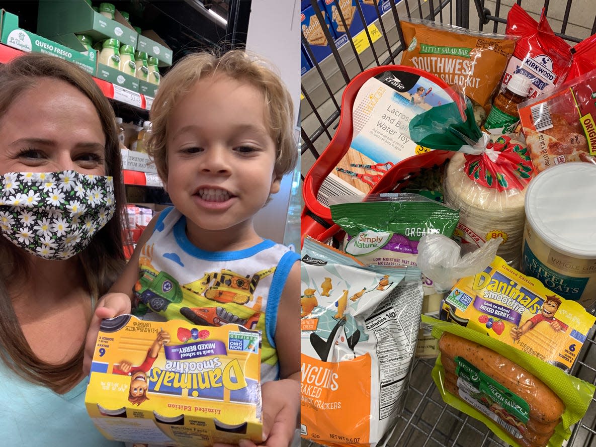 selfie of amanda turner and son shopping at aldi next to a picture of their cart