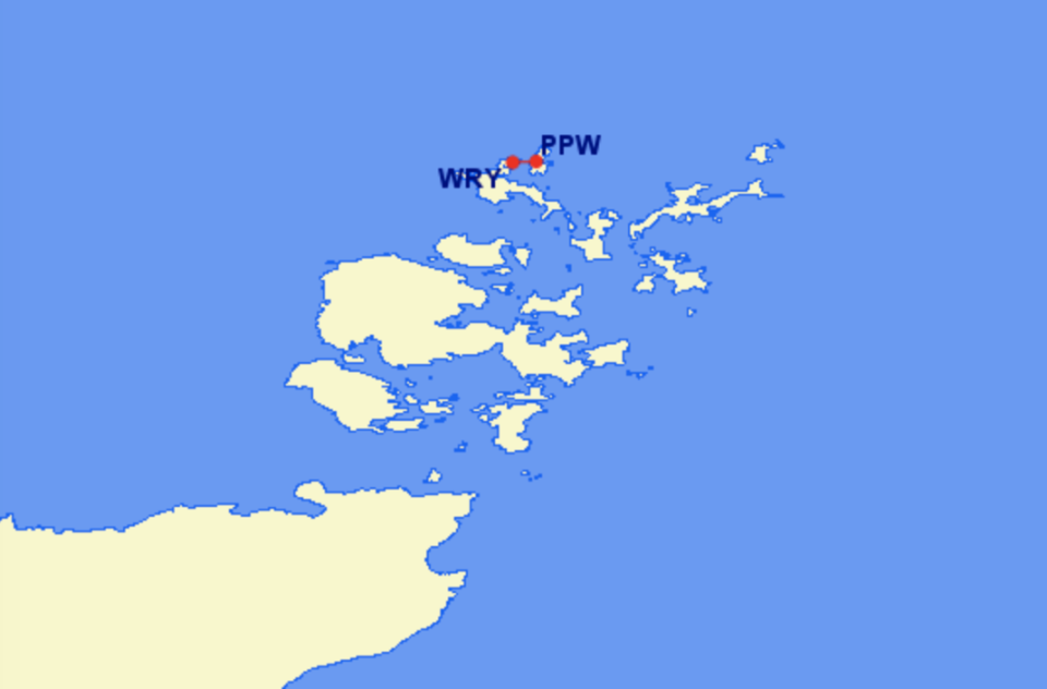 Short haul: The two-mile link between Westray (WRY) and Papa Westray (PPW) in OrkneyGreat Circle Mapper