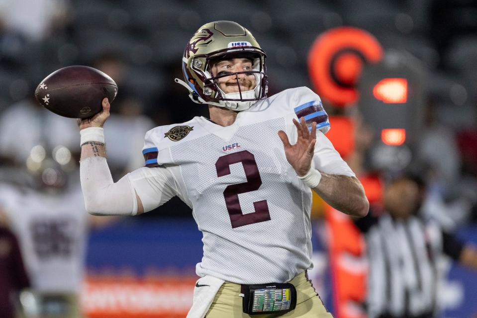 Michigan Panthers quarterback Shea Patterson throws against the New Jersey Generals in the first half at Protective Stadium, April 22, 2022 in Birmingham, Alabama.