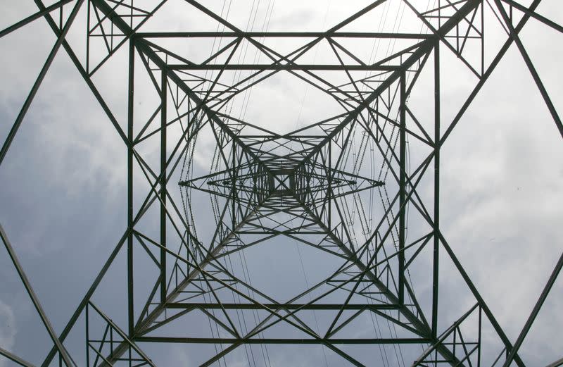 An electricity pylon is pictured near Cobham in Surrey, southern England