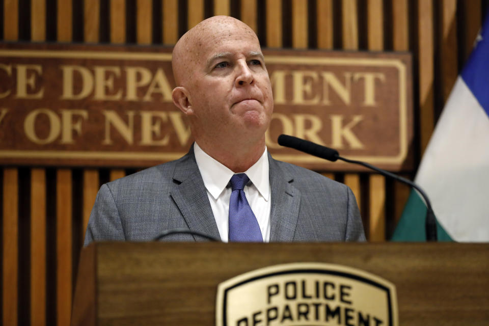 Police Commissioner James P. O'Neill makes an announcement at New York City Police Dept. headquarters, Monday, Aug. 19, 2019. After five years of investigations and protests, the New York City Police Department fired an officer involved in the 2014 chokehold death of Eric Garner, whose dying cries of "I can't breathe" fueled a national debate over race and police use of force. O'Neill said he fired Officer Daniel Pantaleo, who is white, based on a recent recommendation of a department disciplinary judge. He said it was clear Pantaleo "can no longer effectively serve as a New York City police officer." (AP Photo/Richard Drew)