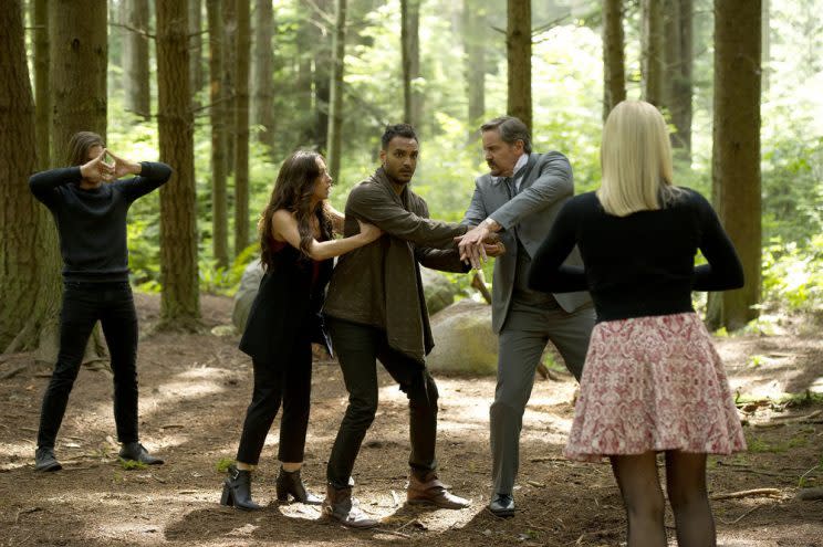 Jason Ralph as Quentin, Stella Maeve as Julia, Arjun Gupta as Penny, Charles Mesure as The Beast (Credit: Carole Segal/Syfy)