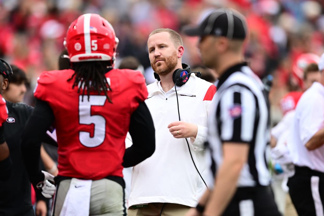 Georgia co-defensive coordinator and inside linebackers coach Glenn Schumann during the G-Day scrimmage on Dooley Field at Sanford Stadium in Athens, Ga., on Saturday, April 16, 2022. (Photo by Rob Davis)