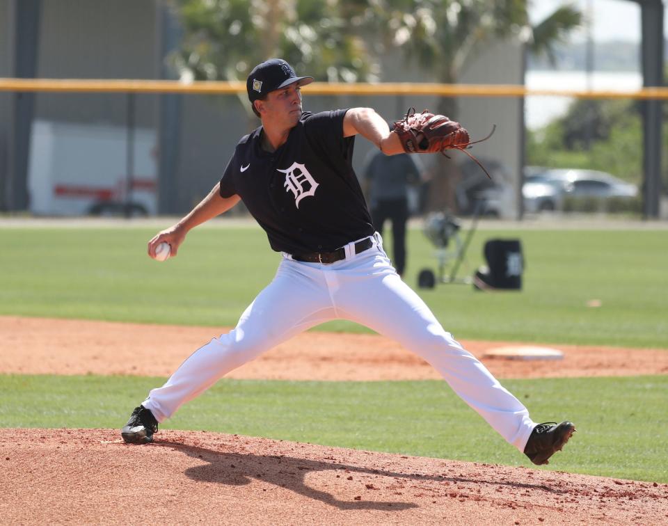 Tigers pitcher Beau Brieske throws live batting practice during Detroit Tigers spring training on Wednesday, March 16, 2022, at TigerTown in Lakeland, Florida.