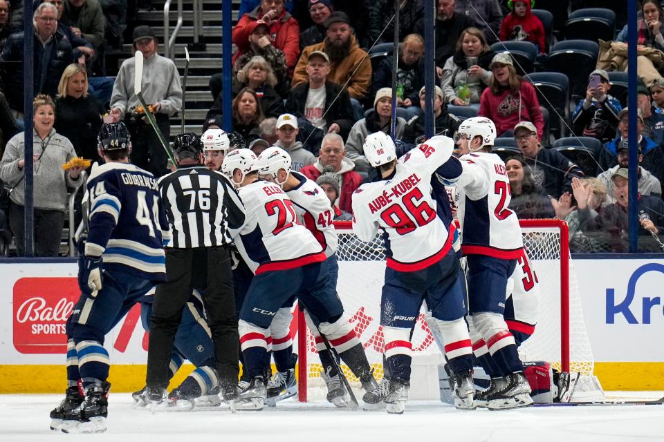 Jan 5, 2023; Columbus, Ohio, USA;  A fight breaks out by the Washington Capitals goal during the second period of the NHL game against the Columbus Blue on Thursday night at Nationwide Arena. Mandatory Credit: Joseph Scheller-The Columbus Dispatch