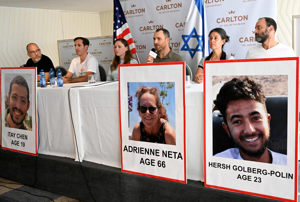 American-Israeli families whose loved ones are missing and believed to be held hostage by Hamas in Gaza speak at a press conference in Tel Aviv, Israel