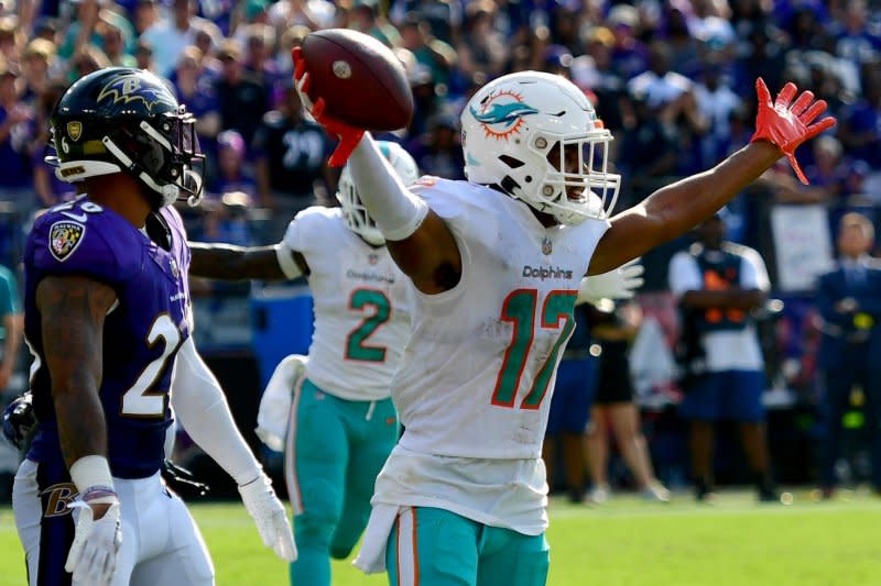 Miami Dolphins wide receiver Jaylen Waddle (R) has been the subject of off-season trade rumors. File Photo by David Tulis/UPI