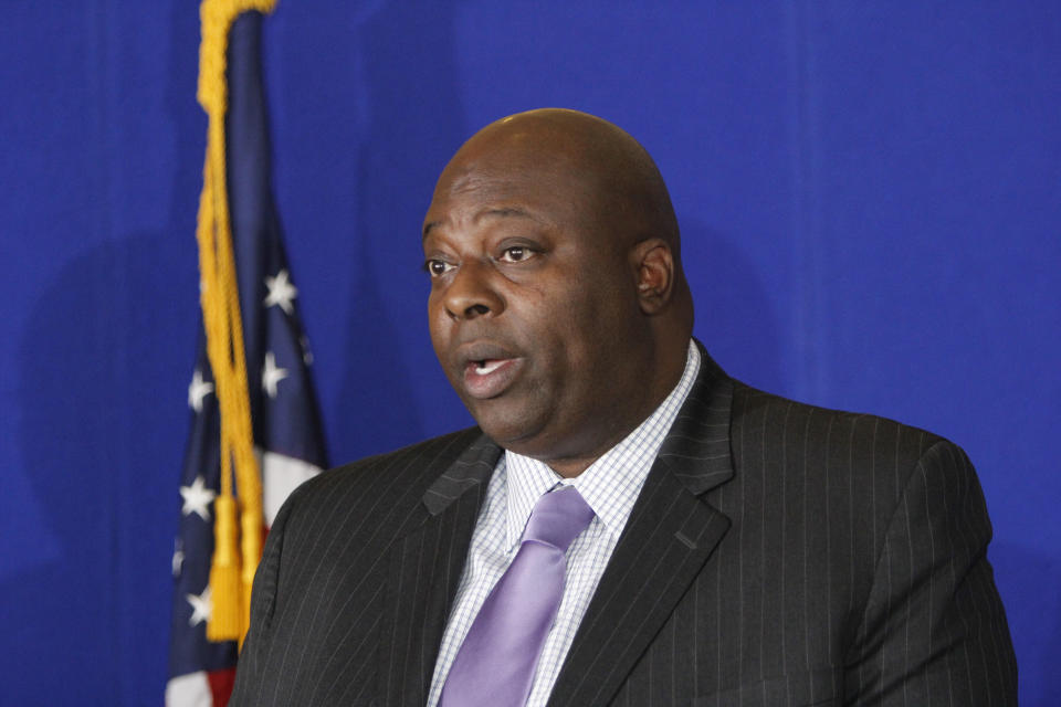 Syracuse Police Chief Kenton T. Buckner speaks during a news conference about Syracuse men's basketball coach Jim Boeheim, in Syracuse, N.Y., Thursday, Feb. 21, 2019. Boeheim struck and killed a man along an interstate late Wednesday night as he tried to avoid hitting the man's disabled vehicle, police say. (AP Photo/Nick Lisi)