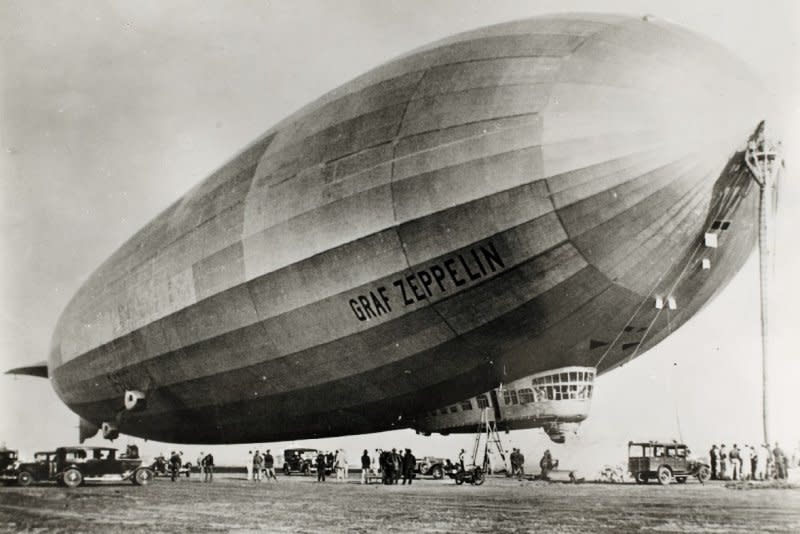 The Graf Zeppelin arrives at Mines Field (Los Angeles International Airport) on August 26, 1929, during it's "Round-the-World" flight. It would complete its flight three days later in New Jersey. File Photo courtesy San Diego Air & Space Museum