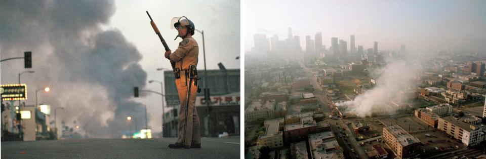 Left: A California Highway Patrol officer stands guard at Ninth Street and Vermont Avenue in Los Angeles, April 30, 1992. Right: Smoke rises from a shopping center burned by rioters. It was the second day of unrest in the city following the acquittal of four police officers in the Rodney King beating case.