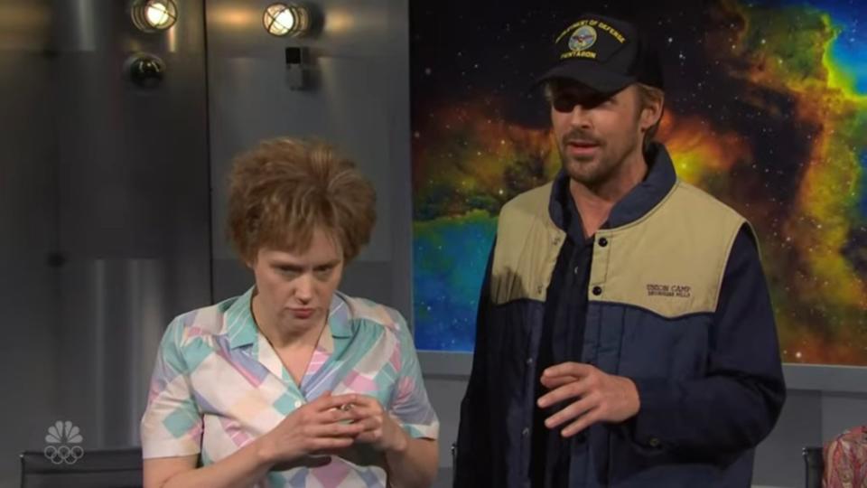 Earlier in the show, Kate McKinnon — another one of Gosling’s “Barbie” cohorts — made a brief cameo during a “Close Encounters” sketch and as before, Gosling struggled to stay in character and not laugh. NBC / SNL