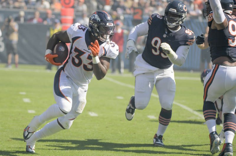 Denver Broncos running back Javonte Williams (L) is among my players to avoid in Week 12. File Photo by Mark Black/UPI