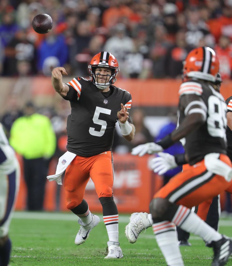 Cleveland Browns quarterback Case Keenum throws a second quarter pass against the Denver Broncos on Thursday, Oct. 21, 2021 in Cleveland, at FirstEnergy Stadium. [Phil Masturzo/ Beacon Journal]