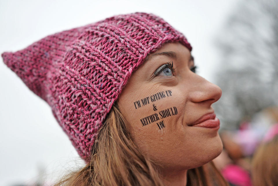 <p>Demonstrators protest on the National Mall in Washington, DC, for the Women’s March on January 21, 2017. (ANDREW CABALLERO-REYNOLDS/AFP/Getty Images) </p>