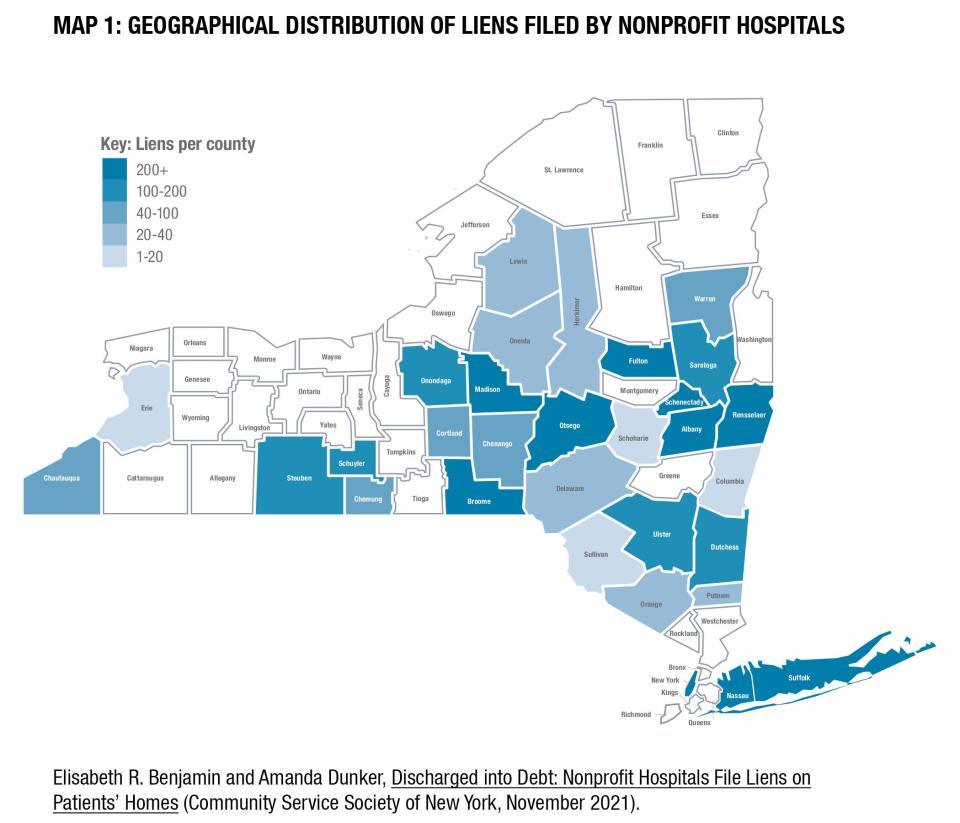 A map of liens filed per county in NY by hospitals.