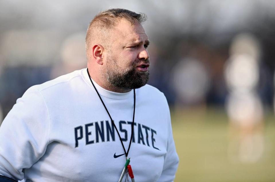Penn State offensive coordinator Andy Kotelnicki yells to the players during spring practice on Tuesday, March 12, 2024.