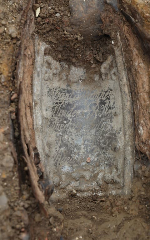 The name of Captain Flinders can still be seen engraved on the breast plate of his coffin - Credit: James O Jenkins/HS2