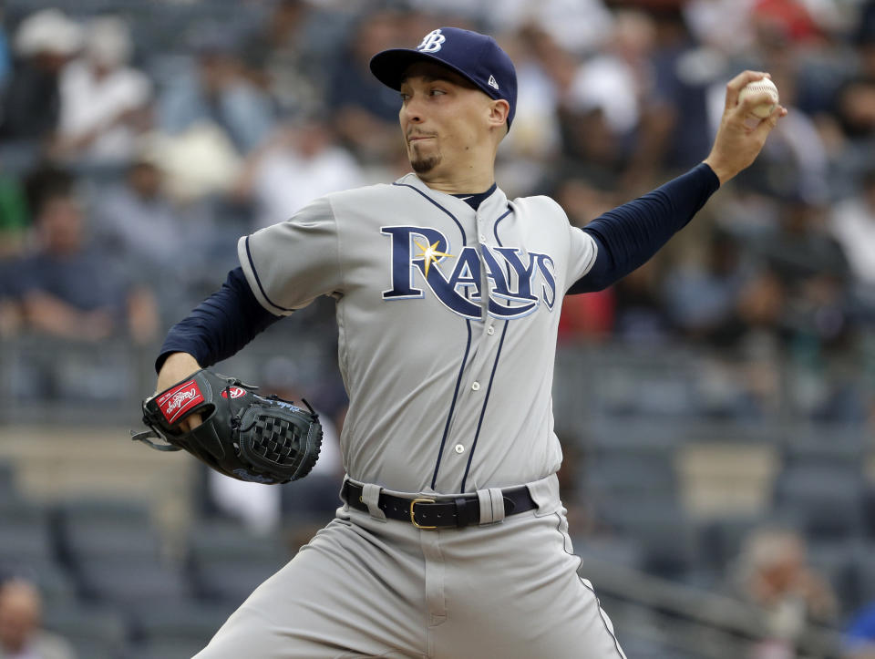 Tampa Bay Rays starting pitcher Blake Snell throws during the first inning of a baseball game against the New York Yankees at Yankee Stadium, Wednesday, June 19, 2019, in New York. (AP Photo/Seth Wenig)