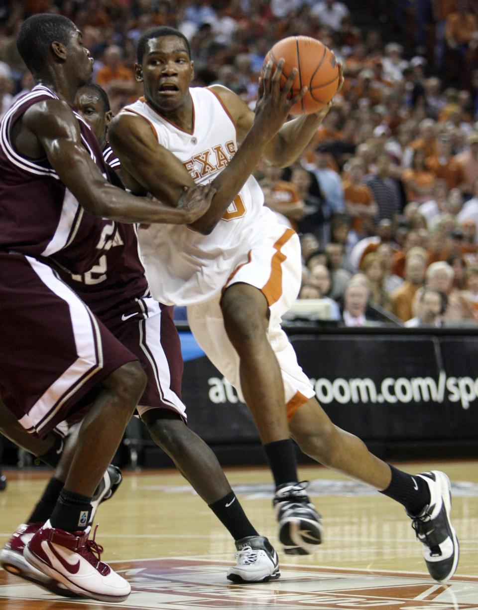 Texas' Kevin Durant, right, drives against Texas A&M in a 2007 game. The national player of the year during his lone season with the Longhorns, Durant remains a presence on campus every offseason.