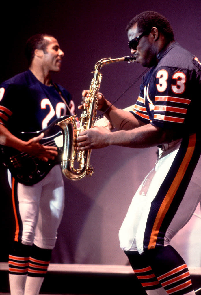 Close-up of Chicago Bears members performing