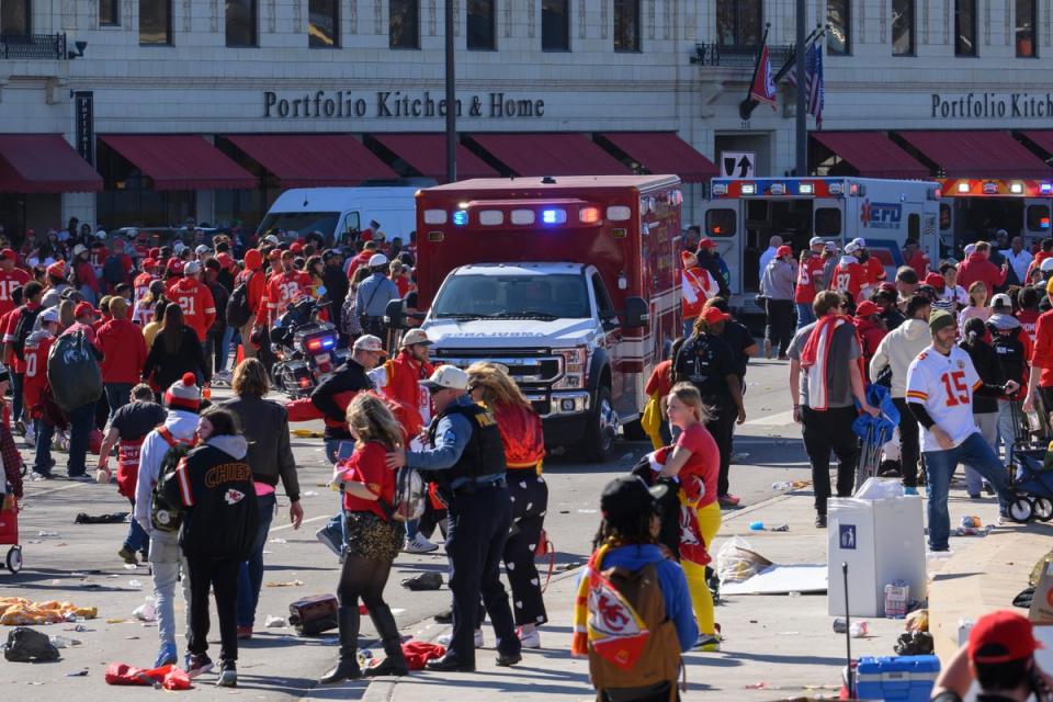 Police clear the area of the Kansas City shooting on 14 February 2024. A charity that raised funds for the victims has yet to distribute the money now three months later, a local news outlet reports (Copyright 2024 The Associated Press. All rights reserved)