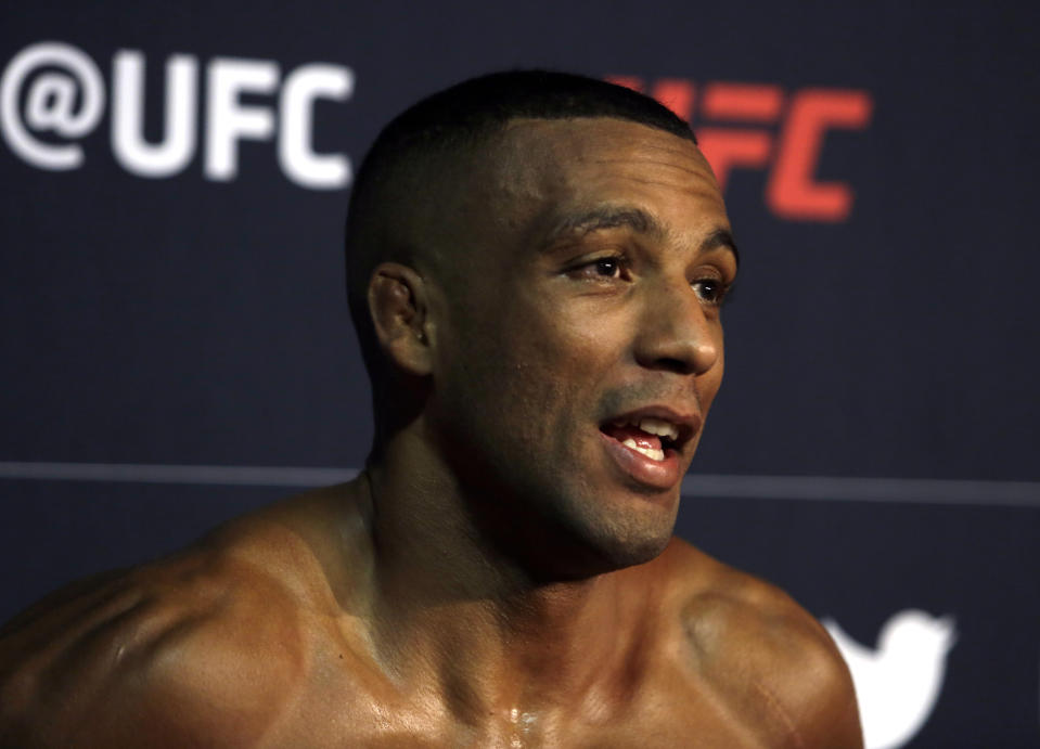 In this Wednesday March 27, 2019, photo, UFC fighter Edson Barboza is interviewed after a workout in Philadelphia. Barboza fights Justin Gaethje in a lightweight bout in the main event of the UFC card in Philadelphia on March 30. The bout features two of the most ferocious kickers in the sport, who are both coming off wins following two straight losses. Gaethje viewed the fight as an elimination bout of sorts for each fighter to stay in the hunt for a championship match against Khabib Nurmagomedov. (AP Photo/Jacqueline Larma)