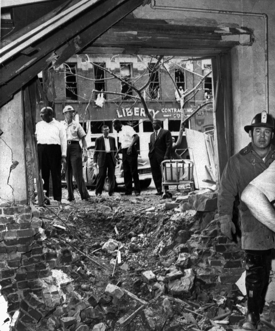 FILE - Debris is strewn from a bomb that exploded near a basement room of the Sixteenth Street Baptist Church in Birmingham, Ala. on September 15, 1963, killing four black girls. Sarah Collins Rudolph lost an eye and has pieces of glass inside her body from a Ku Klux Klan bombing that killed her sister and three other Black girls inside an Alabama church 59 years ago. (AP Photo, FILE)