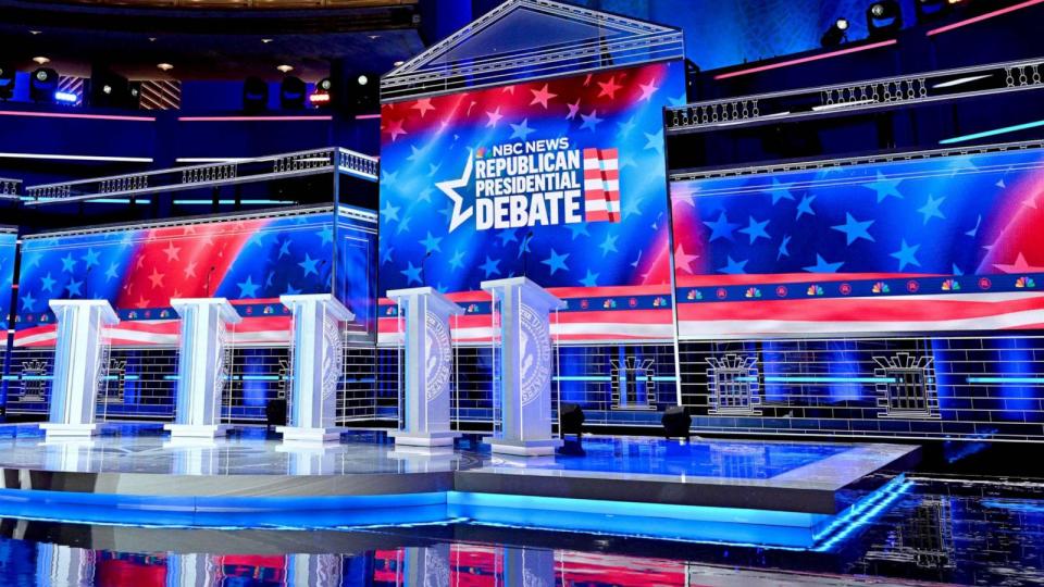 PHOTO: The stage is prepared ahead of the third Republican presidential primary debate at the the Knight Concert Hall at the Adrienne Arsht Center for the Performing Arts in Miami, Florida, on November 7, 2023. (Mandel Ngan/AFP via Getty Images)