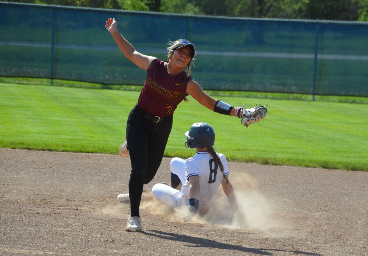 Brenna Baker steals second base for Airport against Riverview on Wednesday, May 1, 2024.