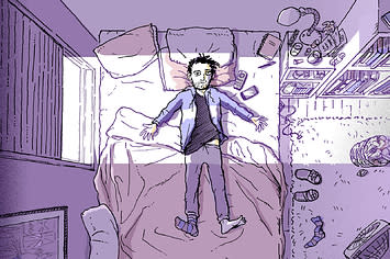 illustration of a young man laying in bed, exhausted