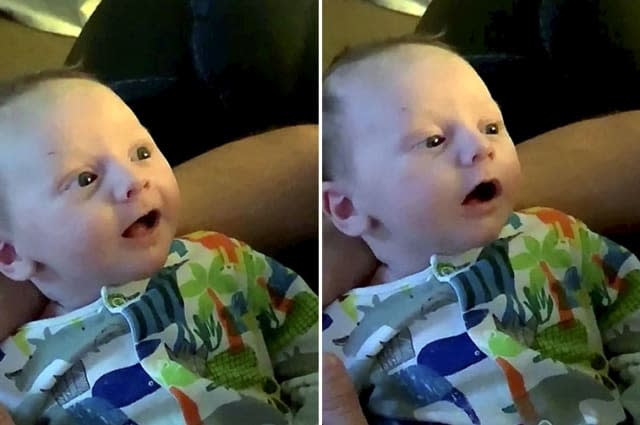 Proud parents catch the moment baby boy speaks his first word at just eight weeks old