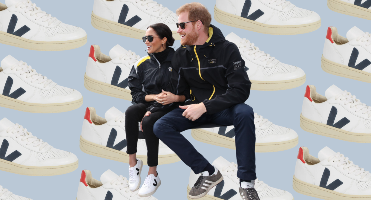 meghan markle and prince harry sitting in black jackets and white veja sneakers on background of veja v-10 sneaker collage