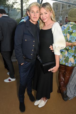 <p>Dave Benett/Getty Images for RH</p> (L-R) Ellen DeGeneres and Portia de Rossi are pictured attending the unveiling of RH England, The Gallery at the Historic Aynho Park on June 3, 2023 in Banbury, England.